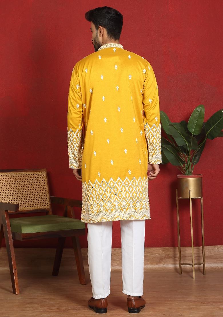 Yellow Embroidered Silk Blend Kurta Set For Men - Indya
