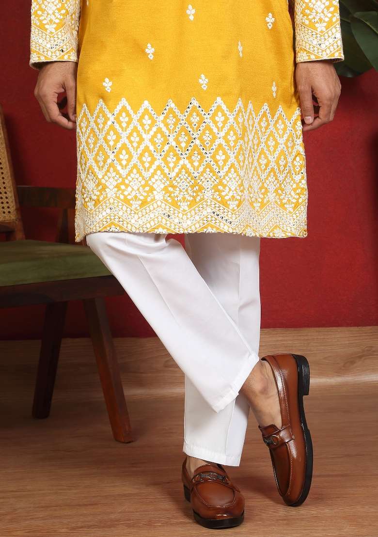 Yellow Embroidered Silk Blend Kurta Set For Men - Indya