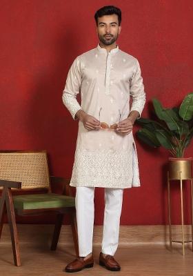 Beige Embroidered Silk Blend Kurta Set For Men