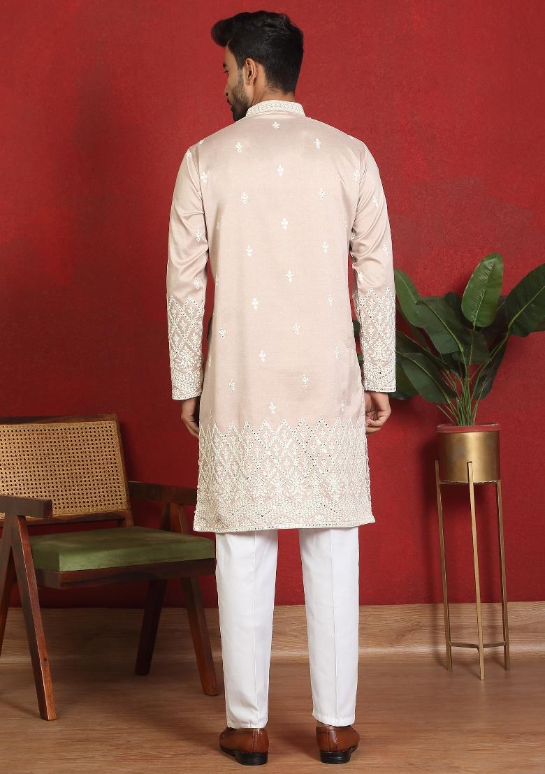 Beige Embroidered Silk Blend Kurta Set For Men - Indya