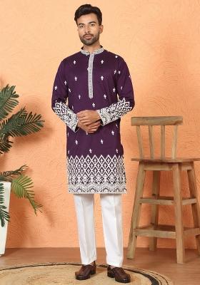 Purple Embroidered Silk Blend Kurta Set For Men