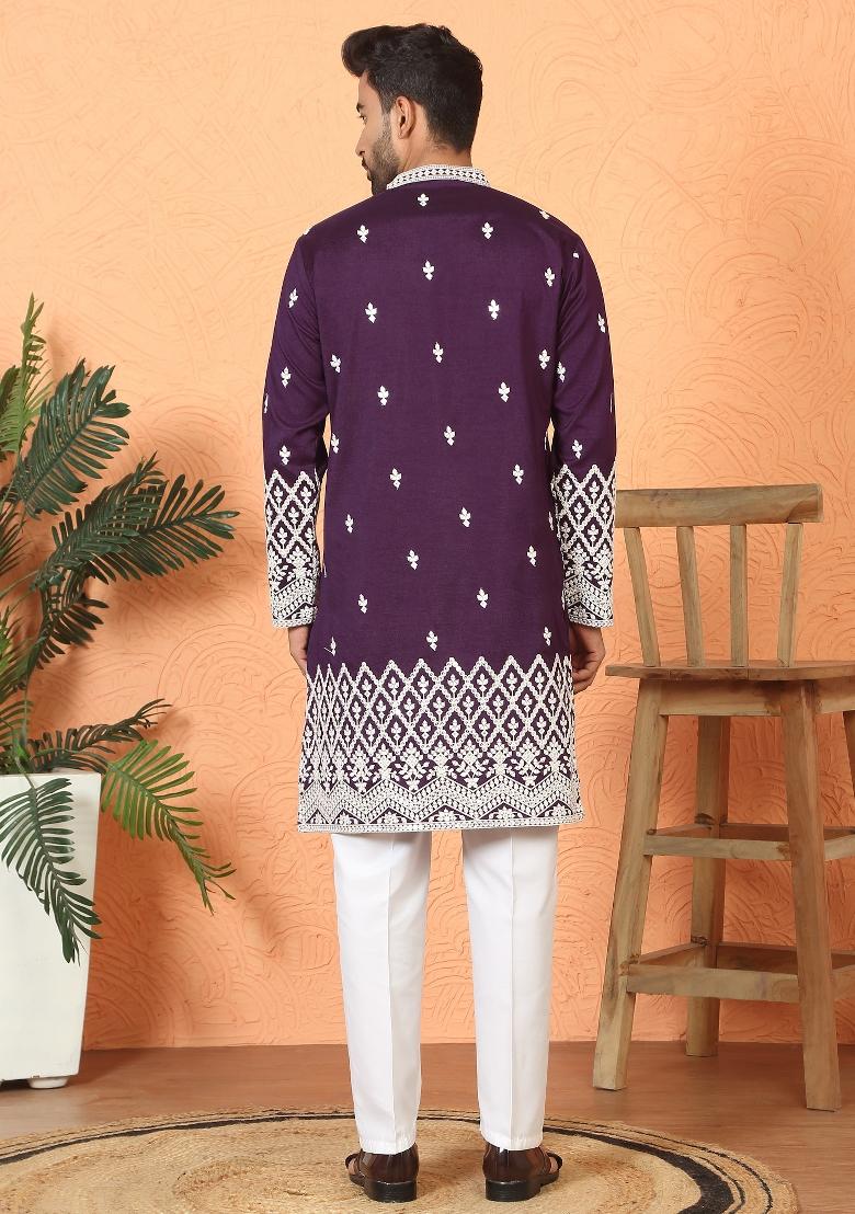 Purple Embroidered Silk Blend Kurta Set For Men - Indya