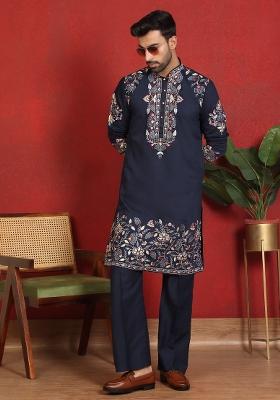 Blue Yoke Design Cotton Kurta Set For Men