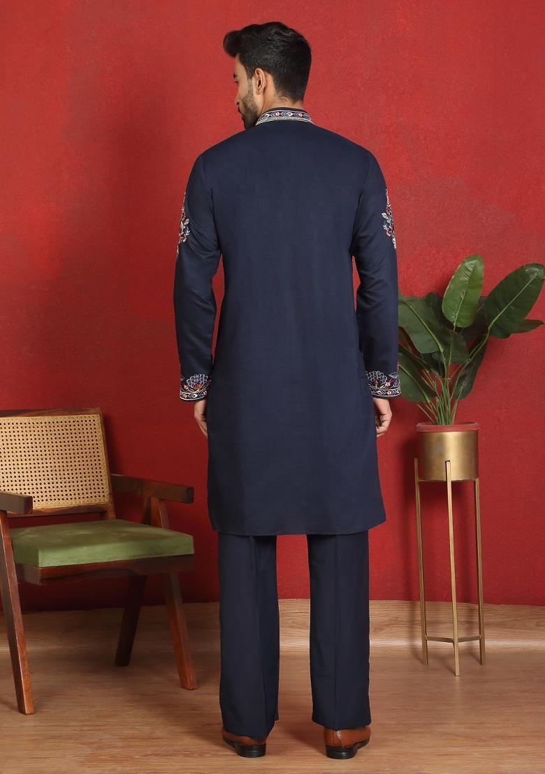 Blue Yoke Design Cotton Kurta Set For Men - Indya