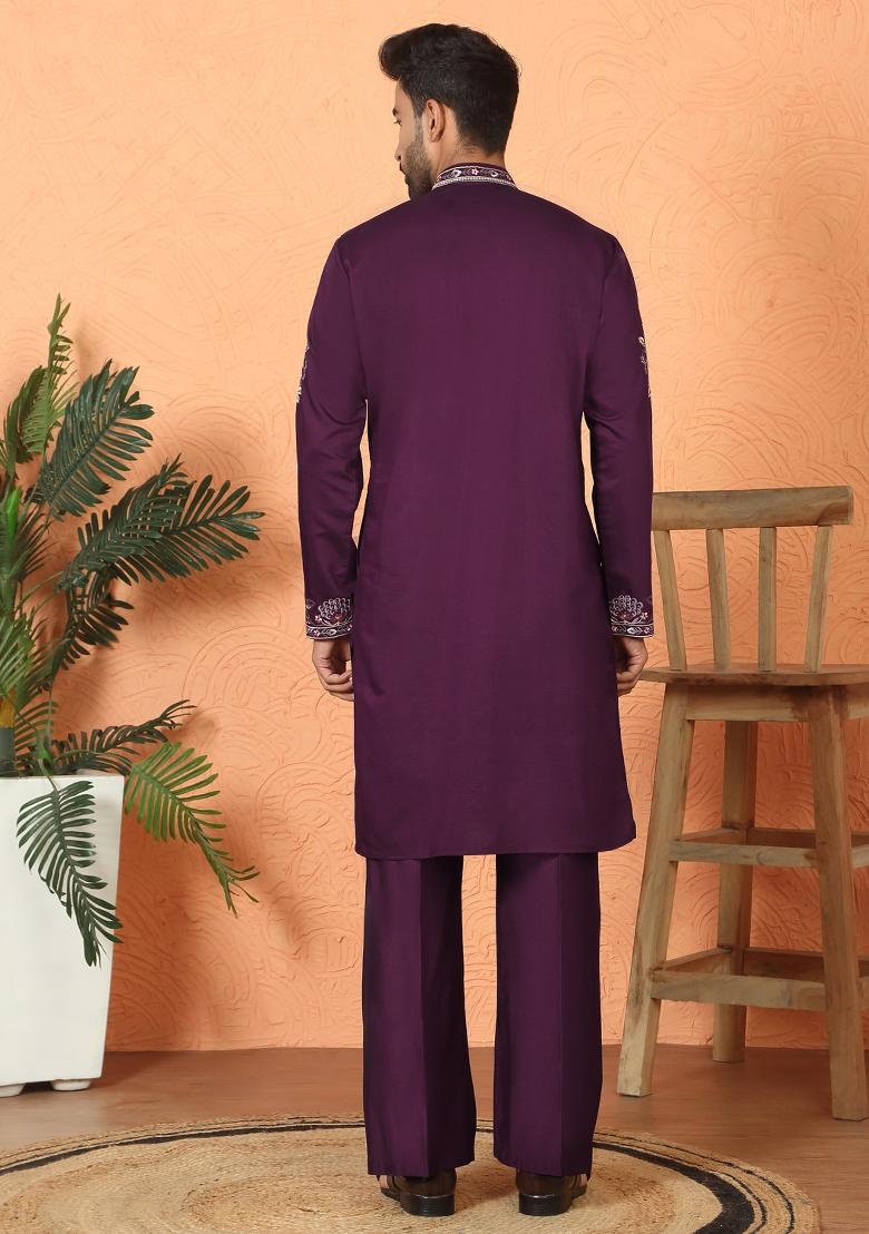 Wine Yoke Design Cotton Kurta Set For Men - Indya