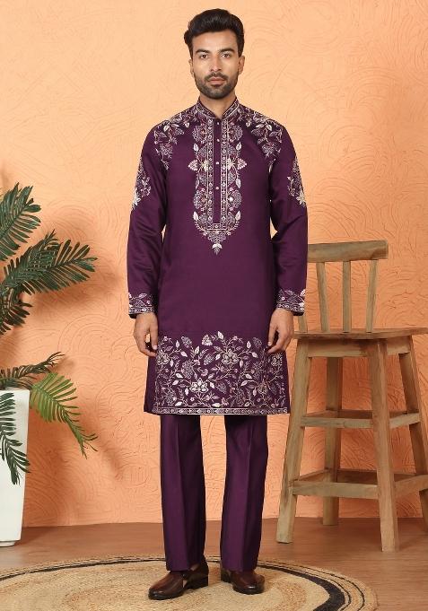 Wine Yoke Design Cotton Kurta Set For Men