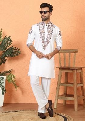 Cream Embroidered Cotton Kurta Set For Men