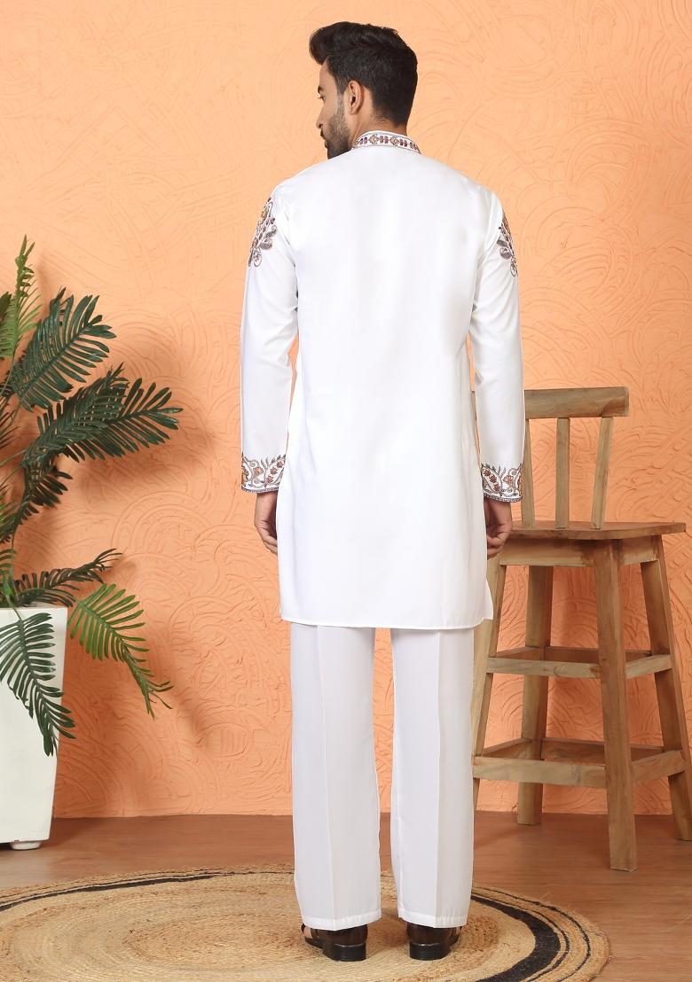 Cream Embroidered Cotton Kurta Set For Men - Indya