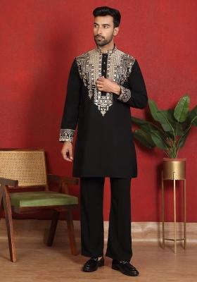 Black Yoke Design Cotton Kurta Set For Men