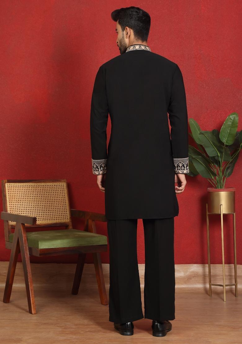 Black Yoke Design Cotton Kurta Set For Men - Indya