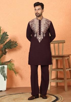 Maroon Yoke Design Cotton Kurta Set For Men