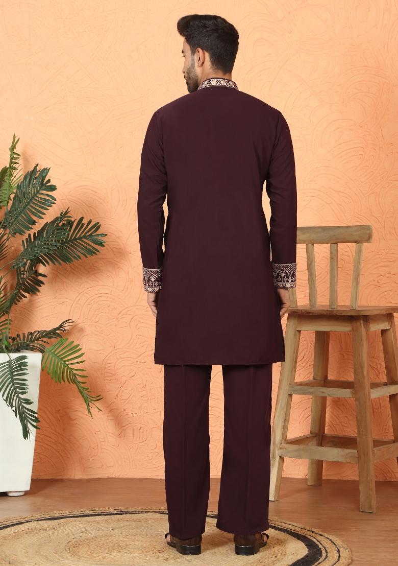 Maroon Yoke Design Cotton Kurta Set For Men - Indya