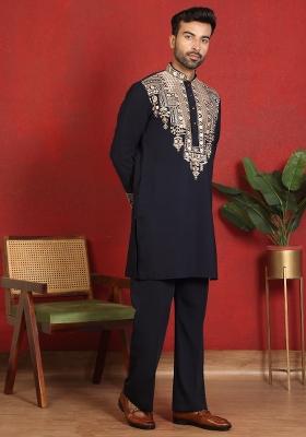 Blue Yoke Design Cotton Kurta Set For Men