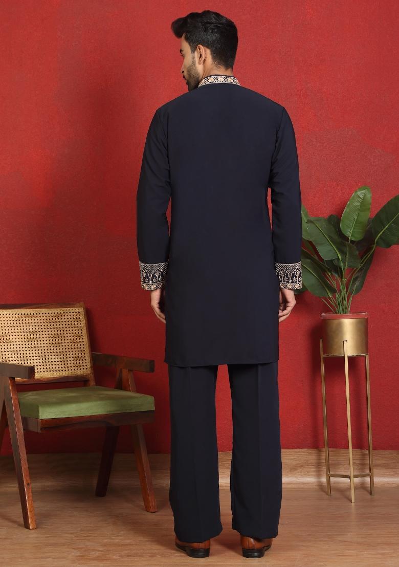 Blue Yoke Design Cotton Kurta Set For Men - Indya
