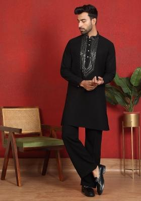 Black Yoke Design Cotton Kurta Set For Men