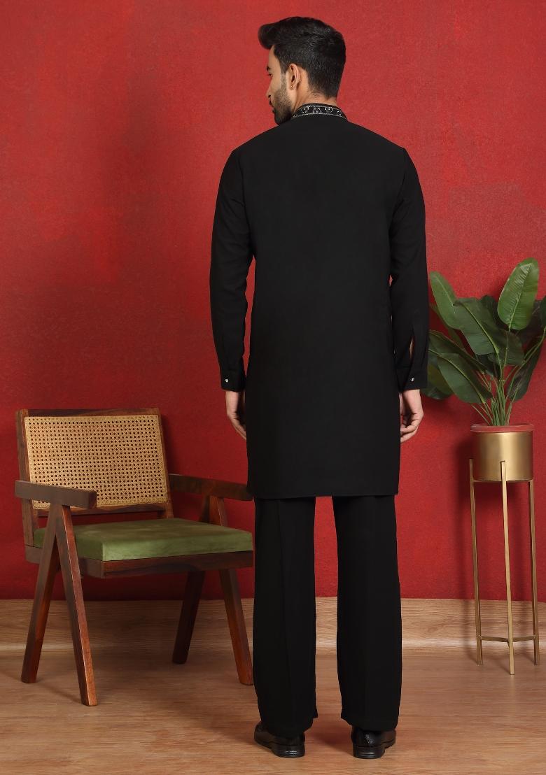 Black Yoke Design Cotton Kurta Set For Men - Indya