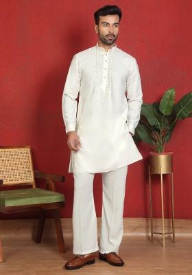 Cream Yoke Design Cotton Kurta Set For Men