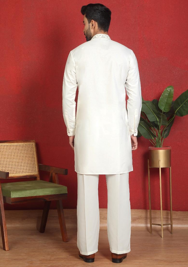 Cream Yoke Design Cotton Kurta Set For Men - Indya