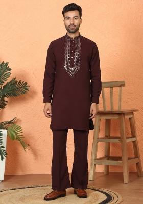 Wine Yoke Design Cotton Kurta Set For Men