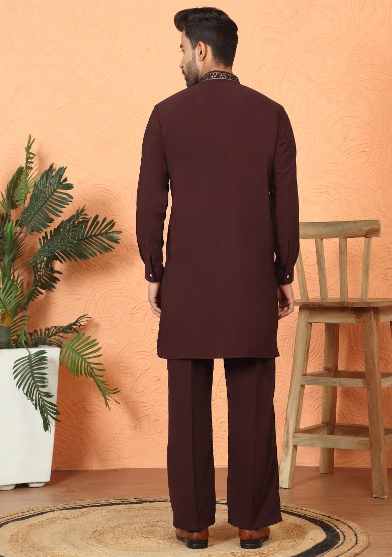 Wine Yoke Design Cotton Kurta Set For Men - Indya