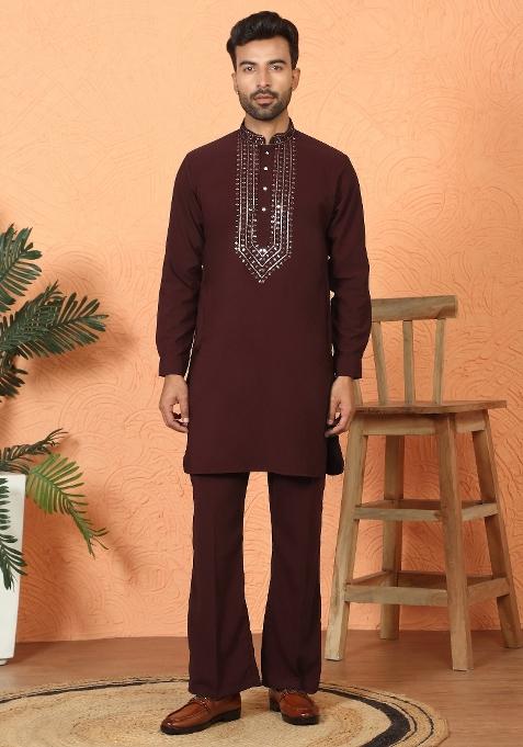 Wine Yoke Design Cotton Kurta Set For Men