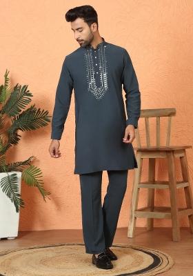 Blue Yoke Design Cotton Kurta Set For Men