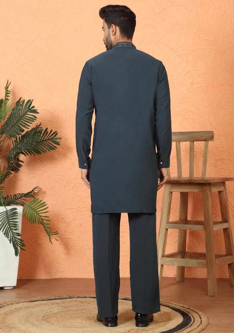 Blue Yoke Design Cotton Kurta Set For Men - Indya