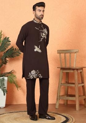 Wine Embroidered Cotton Kurta Set For Men
