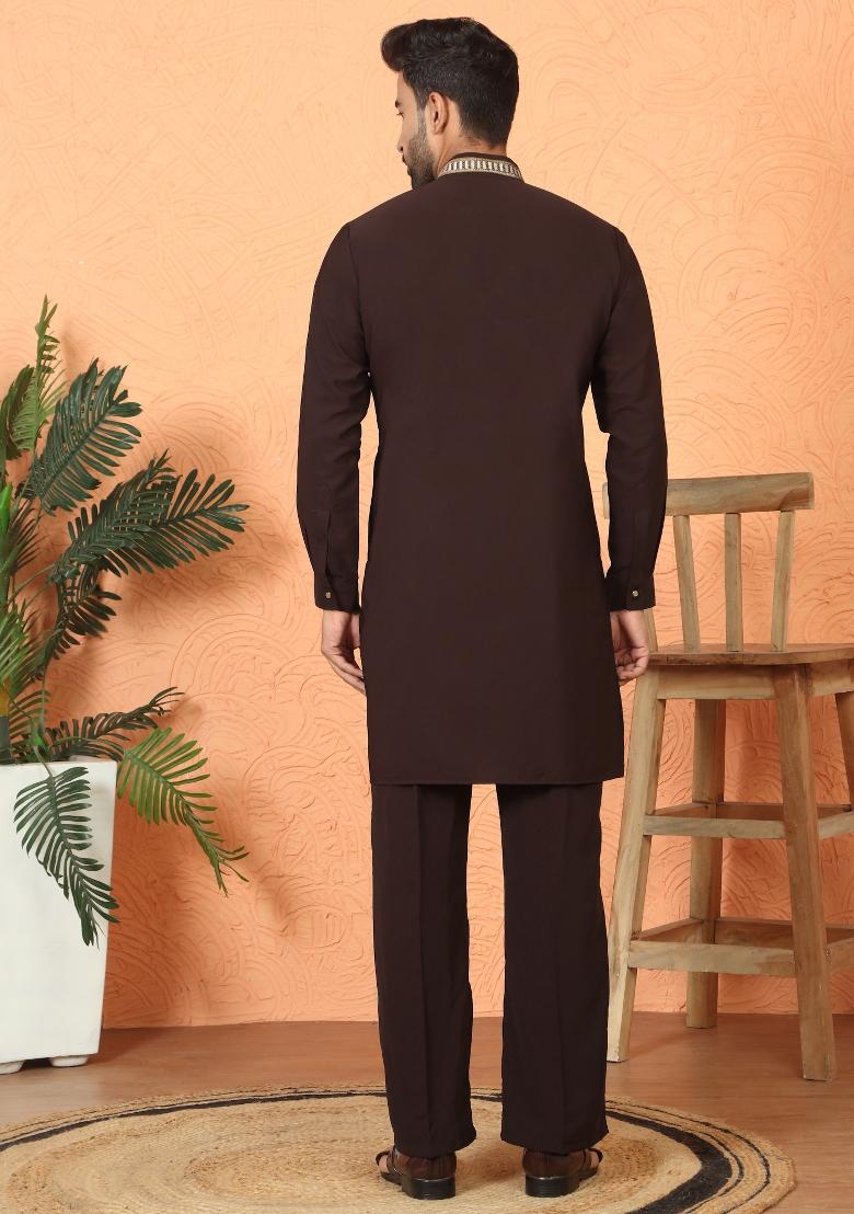 Wine Embroidered Cotton Kurta Set For Men - Indya