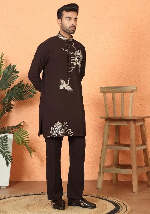 Wine Embroidered Cotton Kurta Set For Men