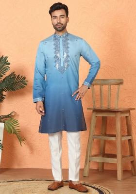Blue Yoke Design Cotton Kurta Set For Men