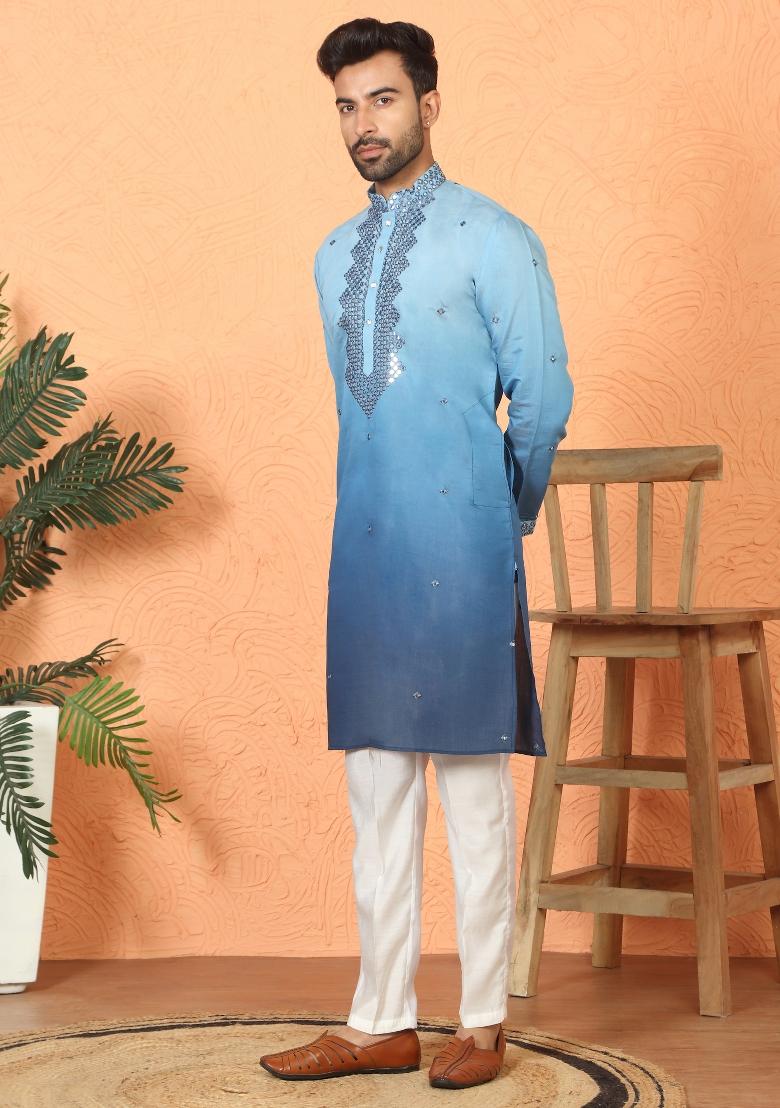 Blue Yoke Design Cotton Kurta Set For Men - Indya