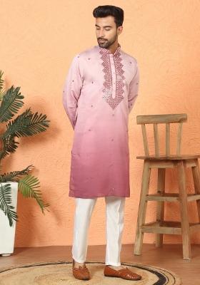 Mauve Yoke Design Cotton Kurta Set For Men