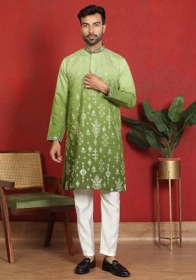 Cream Embroidered Cotton Kurta Set For Men