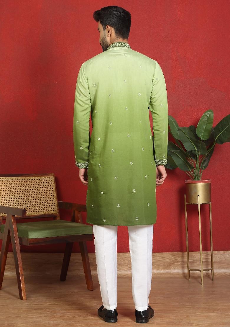 Cream Embroidered Cotton Kurta Set For Men - Indya