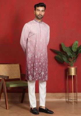 Mauve Embroidered Cotton Kurta Set For Men
