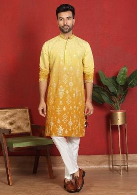 Yellow Embroidered Cotton Kurta Set For Men