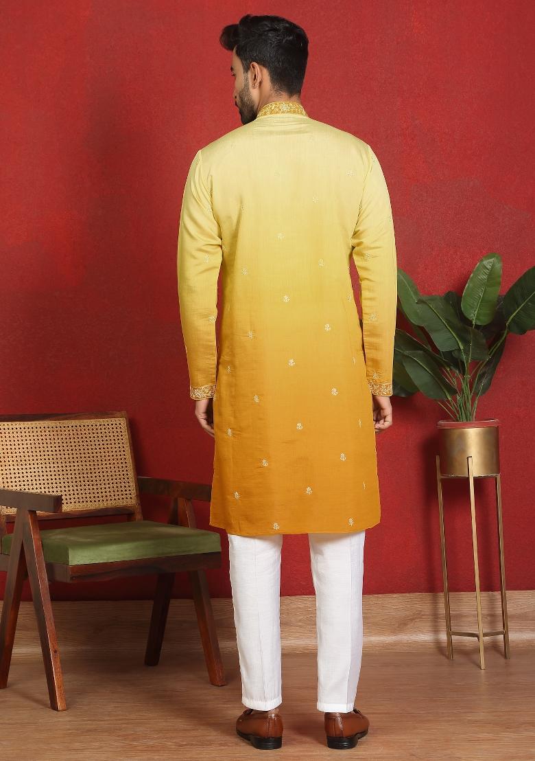 Yellow Embroidered Cotton Kurta Set For Men - Indya