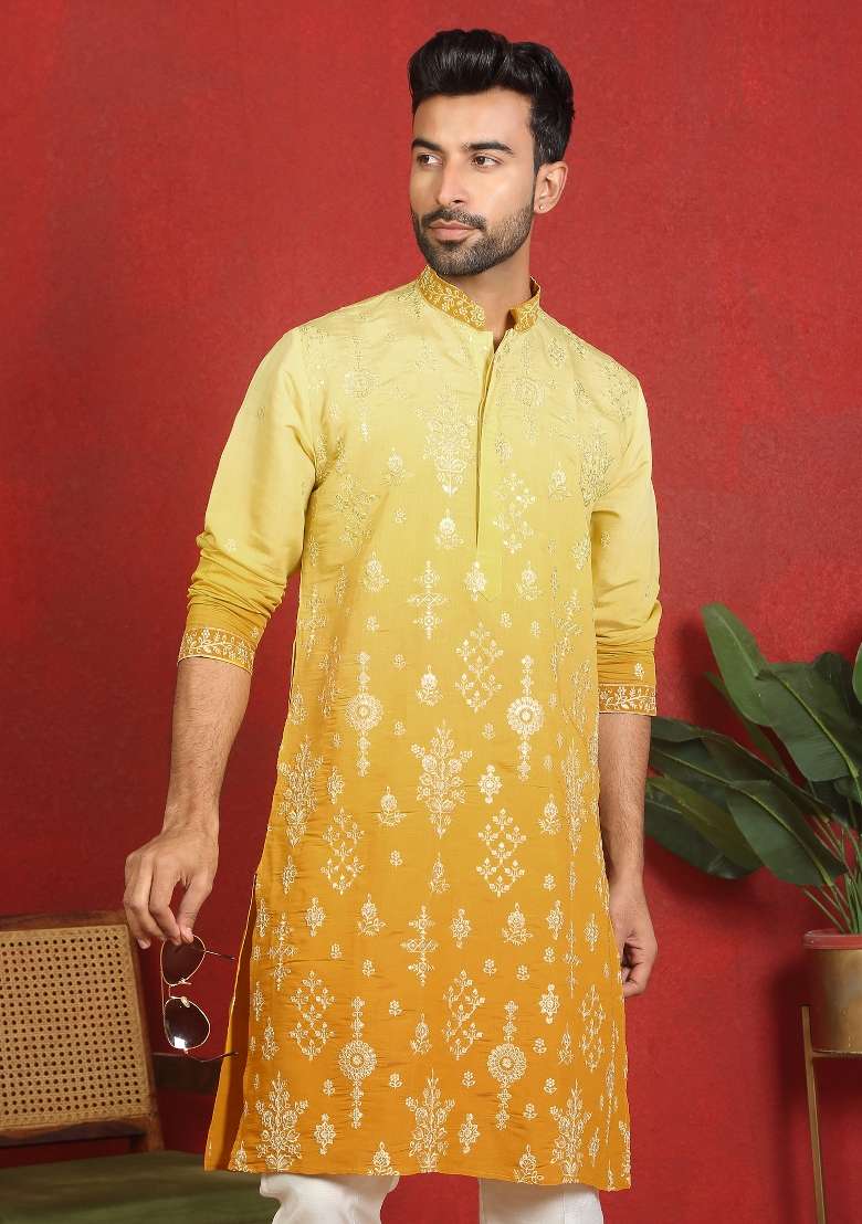 Yellow Embroidered Cotton Kurta Set For Men - Indya