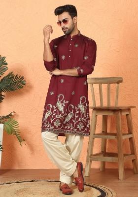 Maroon Embroidered Cotton Kurta Set For Men