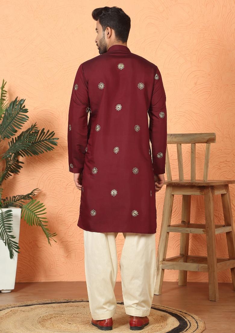 Maroon Embroidered Cotton Kurta Set For Men - Indya