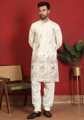 Cream Embroidered Cotton Kurta Set For Men