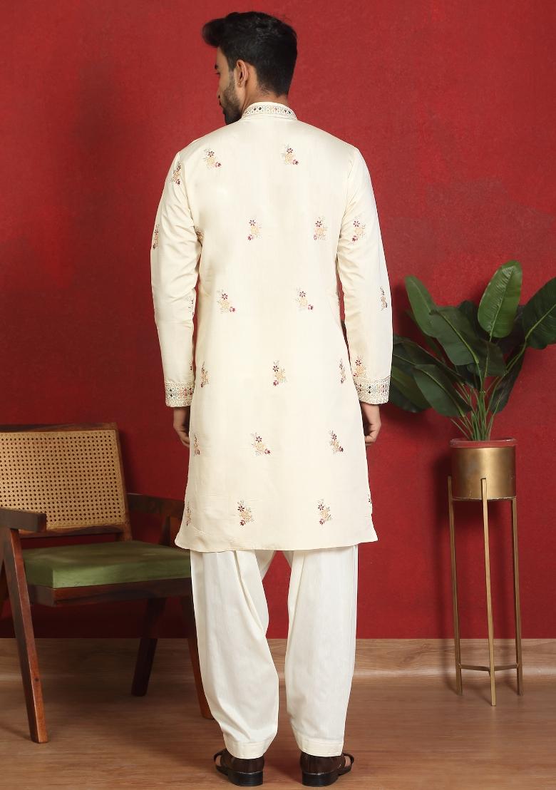 Cream Embroidered Cotton Kurta Set For Men - Indya
