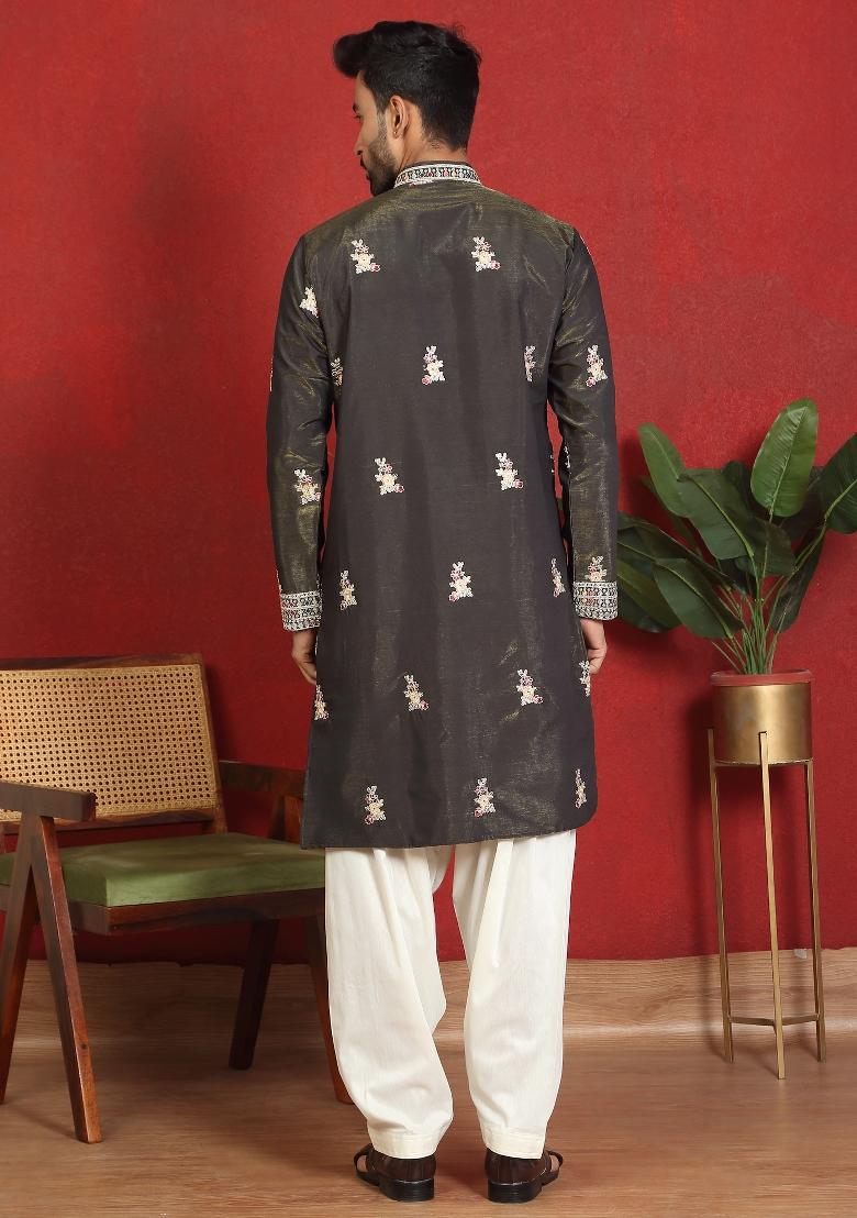 Green Embroidered Cotton Kurta Set For Men - Indya