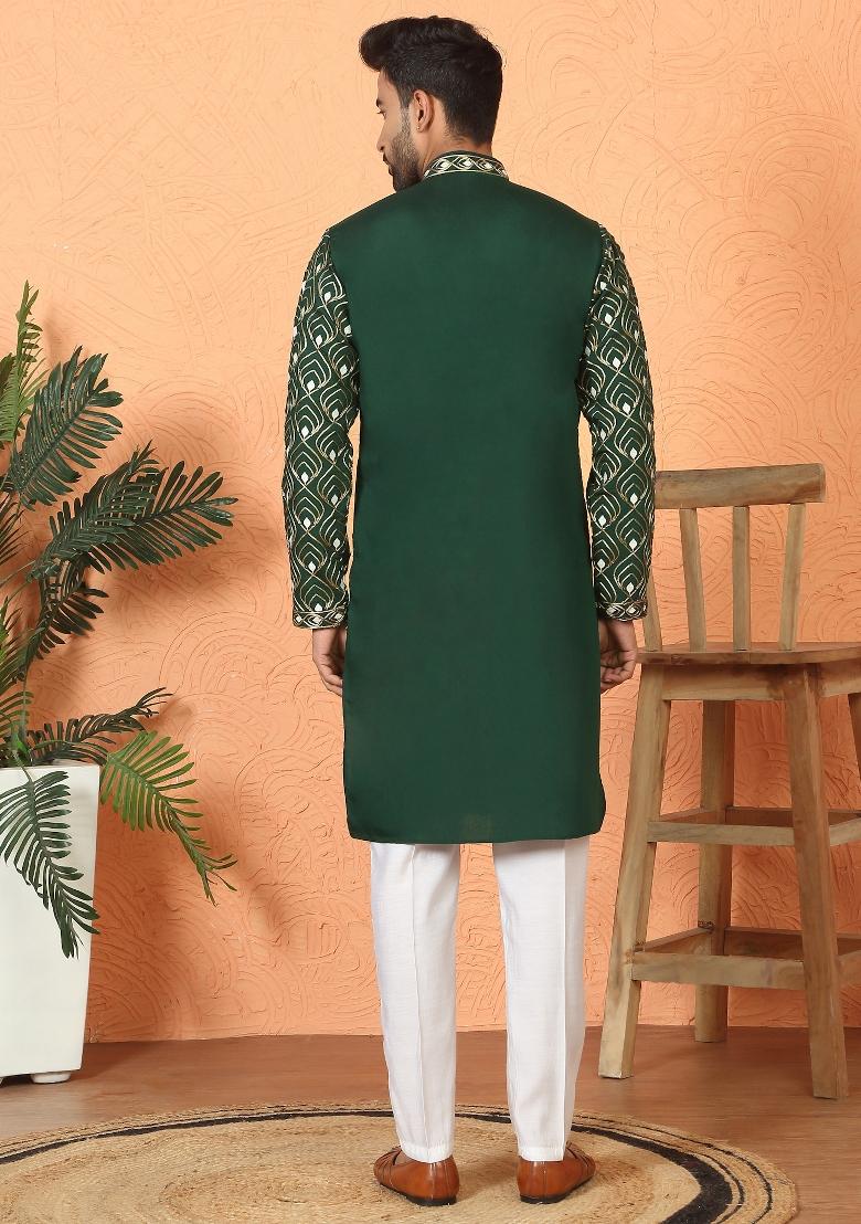 Olive Embroidered Cotton Kurta Set For Men - Indya