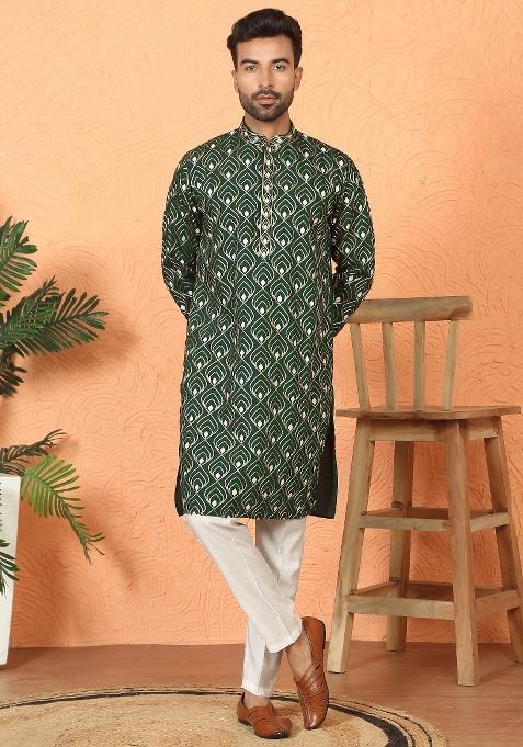 Olive Embroidered Cotton Kurta Set For Men