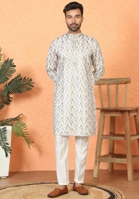 Cream Embroidered Cotton Kurta Set For Men