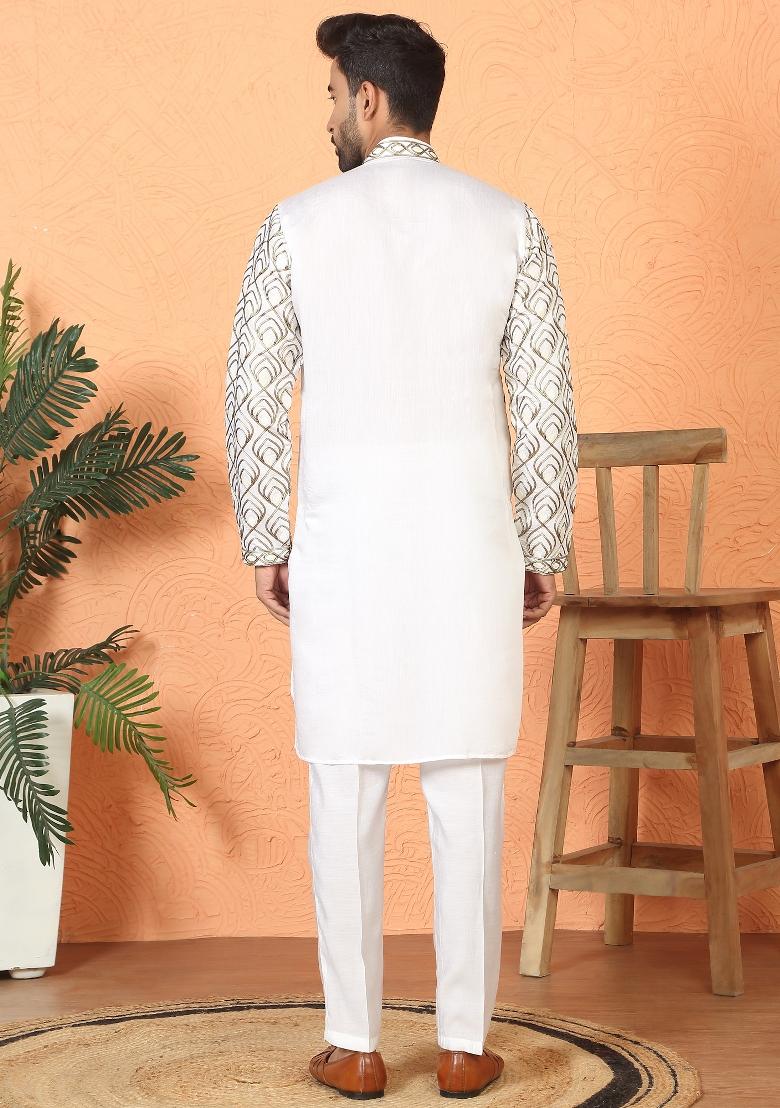 Cream Embroidered Cotton Kurta Set For Men - Indya