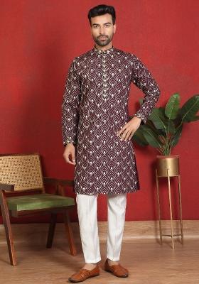 Wine Embroidered Cotton Kurta Set For Men