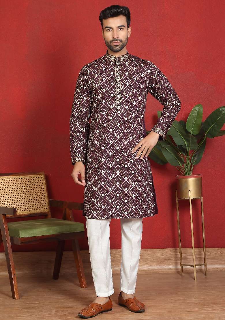 Wine Embroidered Cotton Kurta Set For Men - Indya
